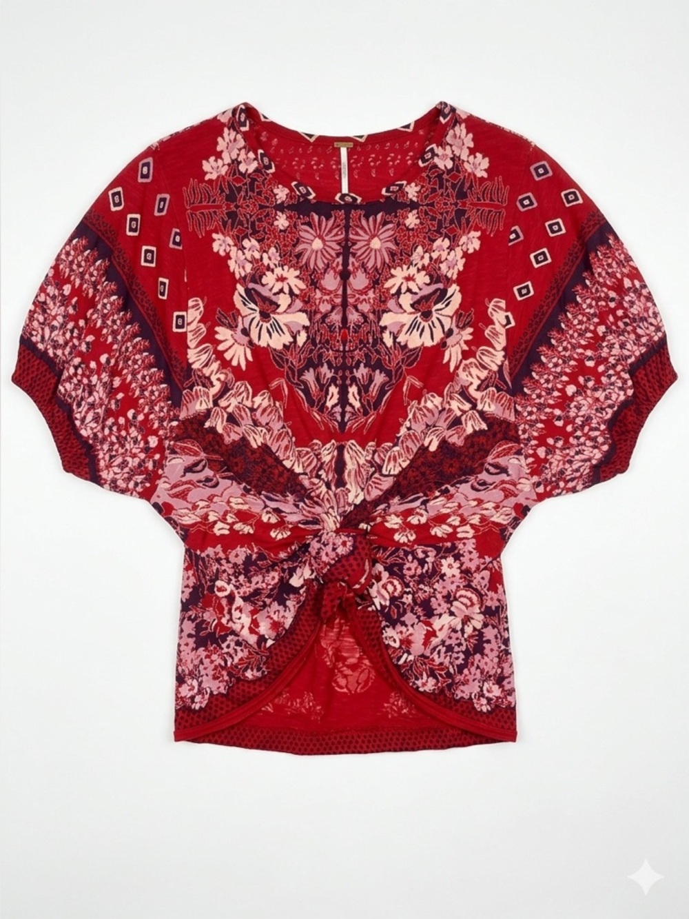 Free People Red Floral Boho Tunic Knot Top Small - Picture 3 of 12